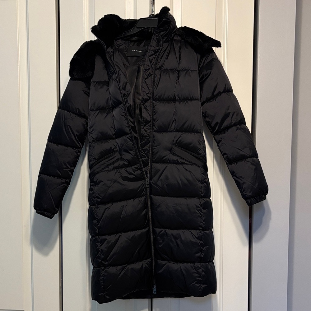 Tahari Black Long Quilted Puffer Coat with Faux Fur Trim